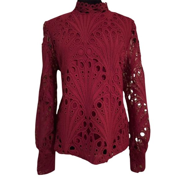 Ultra Pink Tops - Ultra Pink Women's Red eyelet Blouse High Neck Lantern Sleeves Standard Size S